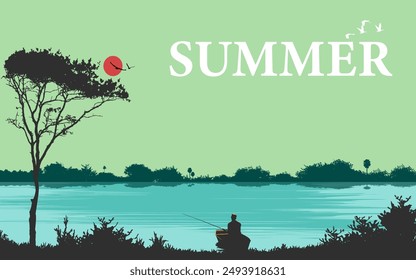 Ilustración de fondo del Vector de la naturaleza del paisaje de verano de la pesca hermosos árboles del paisaje del lago del río cielo del agua reflejos pájaros silueta del bote Fondo de pantalla Horizontal cartel de la cubierta