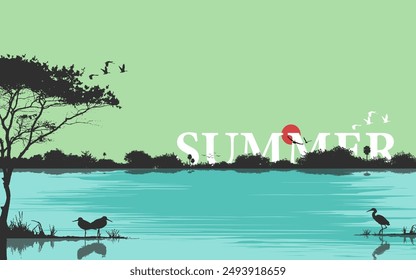 Summer nature landscape vector background illustration fishing beautiful scenery trees river lake water sky reflections birds boat silhouette horizontal wetlands wallpaper cover poster