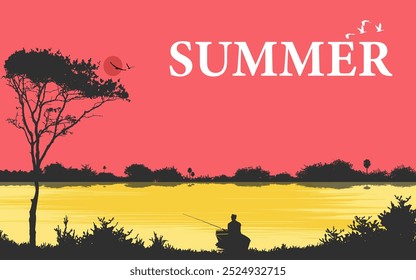 Summer nature landscape vector background illustration fishing beautiful scenery trees river lake water sky reflections birds boat silhouette horizontal wallpaper