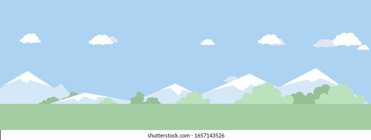 Ilustración plana vectorial del paisaje natural de verano. Nubes, césped, árboles, arbustos y montañas, hermosas vistas suburbanas. hierba verde verano, fondo azul turbio del cielo.