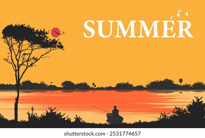 Summer nature landscape vector illustration fishing beautiful scenery trees river lake water sky reflections birds boat silhouette horizontal wallpaper