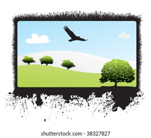 Summer nature landscape vector illustration with an eagle