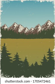 Summer nature landscape vintage poster with meadow trees and mountains vector illustration