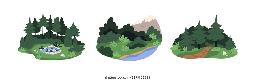 Summer nature landscapes. Forest, green grass, water, pond with lily, pine and fir trees, woods and pathway, shrubs. Peaceful serene sceneries. Flat vector illustrations isolated on white background