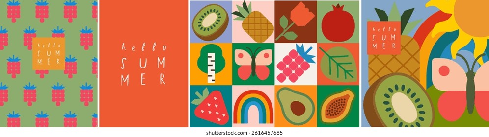 Summer. Nature. Objects. Vector geometric illustration of kiwi, pineapple. flower, pomegranate, birch, tree, butterfly, raspberry, leaf, strawberry, rainbow, avocado, papaya, pattern for your design