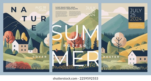 Summer nature poster, cover, card, banner, label set with european rural landscape with houses, mountains and hills, trees, flowers, grass. Modern art, minimalist design with typography. flat design.