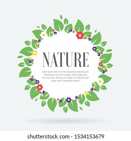 Summer nature round frame with leaves, flowers and berries