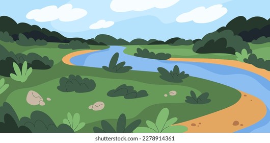 Summer nature, rural landscape with green grass, river water, sky horizon with clouds. Countryside scenery with forest trees at distance, shrubs. Peaceful summertime. Flat vector illustration