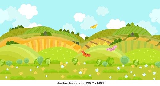 Summer nature scenery with bloom fields and flying butterflies. Panorama of rural landscape with trees on hills and the cloudy sky. Colorful vector cartoon style illustration of pasture with flowers