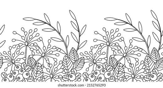 Summer Nature seamless border. Hand drawn coloring page for adult. Vector illustration.