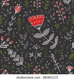 Summer, nature.  Seamless pattern with cute decorative flowers, leaves and herbs  painted by hand. All elements are  hidden under mask. Pattern are not cropped and can be edited.