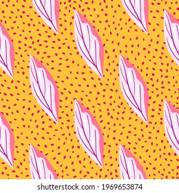 Summer nature seamless pattern with pink abstract geometric leaves print. Orange dotted background. Perfect for fabric design, textile print, wrapping, cover. Vector illustration.