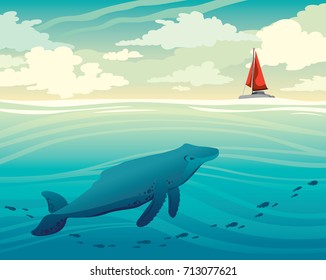 Summer nature seascape. Small red sailboat on a cloudy sky and big whale with school of fishes on a blue sea. Vector illustration.