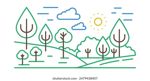 Summer nature, simple silhouettes of trees in forest, line icon vector illustration