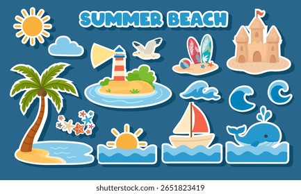 Summer nature sticker vector set with sea, sunrise, palm tree, island, lighthouse, seagull, sun, sailboat, whale, sandcastle, surfboard. Summer tropical element collection. 