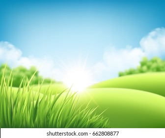 Summer Nature Sunrise Background, A Landscape With Green Hills And Meadows, Blue Sky And Clouds. Vector Illustration EPS10