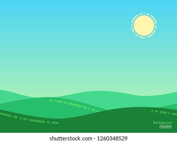 Summer nature vector background in flat style. Green grass meadows and blue sky, with hills and mountains