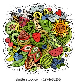 Sommernatur-Vektorgrafik. Sommerliche Elemente und Objekte Cartoon Hintergrund. Helle Farben lustiges Bild. Alle Artikel sind getrennt