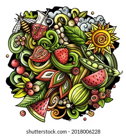 Ilustración de doodles vectores de la naturaleza de verano. Fondo de dibujos animados de objetos y elementos de verano. Colores brillantes, imagen graciosa. Todos los elementos están separados