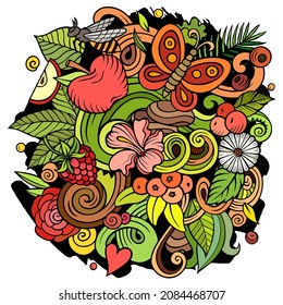 Summer nature vector doodles illustration. Summertime elements and objects cartoon background. Bright colors funny picture. All items are separated