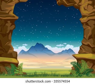 Summer nature vector illustration. Night landscape with green grass, fern, mountains and wall of rock on a starry sky.