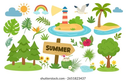 Summer nature vector set with green tree, tropical leaves, lighthouse, seagull, palm tree, sun, coconut drink. Summer tropical element collection. Flat vector in cartoon style isolated on white.