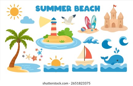 Summer nature vector set with sea, sunrise, palm tree, island, lighthouse, seagull, sun, sailboat, whale, sandcastle, surfboard. Summer tropical element collection. 