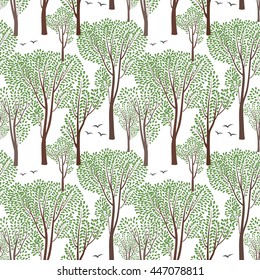 Summer nature wildlife seamless pattern Blooming trees background Plant with leaves. Forest birds ornamental endless pattern