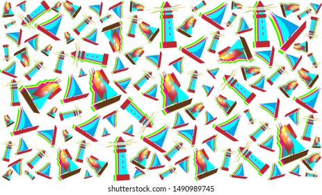 Summer nautical background. Yachts of different color and size, lighthouses. Sea breeze web background. 3D imitation.