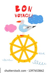 Summer nautical card. Ship's steering wheel and seagull in sailor's striped vest. Bon Voyage! Kids hand drawn vector illustration. Cute sea bird. Cartoon flat. Sea background. Happy travel poster.
