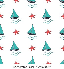 Summer nautical pattern with ships, waves and starfish on a white background. Cute print with marine objects. Design for wrapping paper, stationery and textiles.