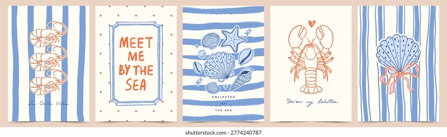Summer nautical poster set with hand drawn lobster, shrimp, seashells on striped and polka dot backgrounds. Blue and orange coastal templates in vintage mediterranean style for greeting cards and wall art.