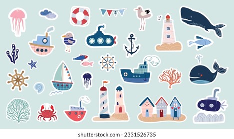 Colección de stickers náuticos de verano con diferentes elementos marinos, diseño vectorial