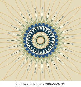 Summer nautical twilight themed lotus petal mandala, accented by golden sand, deep navy, ocean blue, seashell, parchment, khaki, moss green, deep olive