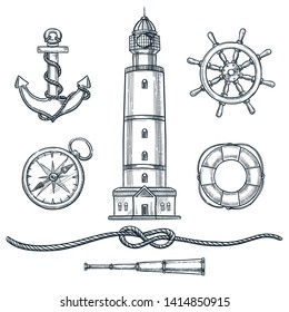 Summer nautical vintage icons set. Vector hand drawn sketch illustration. Sea and marine design elements isolated on white background.