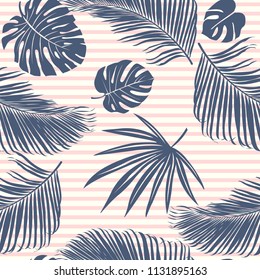 Summer Navy pink tropical forest leaves bright mood on sky blue stripe seamless pattern for fashoin fabric, wallpaper and card.