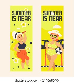 Summer is near set of banners vector illustration. Plus size girls in sportswear with dumbbells and swimsuit with glasses, hat and ball. Cartoon plump, curvy, overweight women.