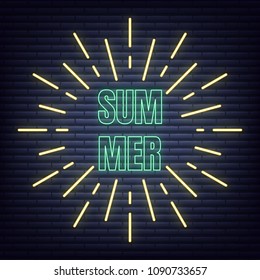 Summer neon banner. Glowing sign of Summer typography and sun rays