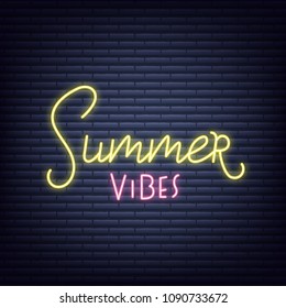 Summer neon banner. Glowing sign of Summer vibes lettering