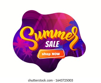 Summer neon disco 80s synthwave retro style stylish background template for sale posters or clearance flyers with tropical palm trees silhouettes and hand drawn lettering text. Vector eps10