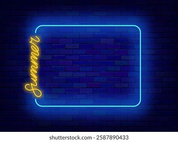 Summer neon greeting card. Glowing lettering. Sale and event. Night club dance. Empty blue frame. Vector stock illustration