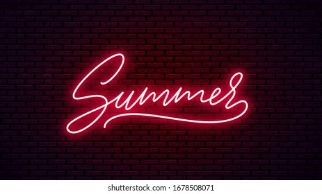 Summer neon hand drawn lettering. Ready glowing signboard design. Vector neon text isolated on brick wall background.