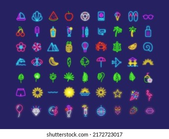 Summer neon icons collection. Big bundle. Fruits, palm and exotic leaves. Holiday symbols set. Cocktail, mountain and shell. Night bright signboard pack. Glowing banner. Vector stock illustration