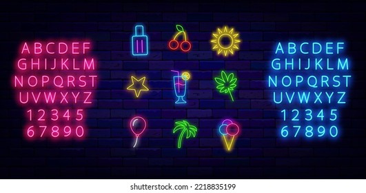 Summer neon icons collection. Cocktail, cherry and ice cream. Luminous blue and pink alphabet. Tropical leaves and sun. Holiday symbols set. Bright signboard pack. Vector stock illustration