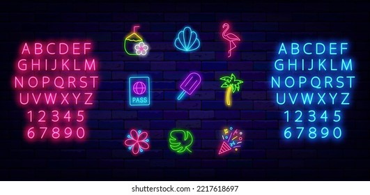 Summer neon icons collection. Coconut drink, flamingo and shell. Luminous blue and pink alphabet. Tropical leaves and flower. Holiday symbols set. Bright signboard pack. Vector stock illustration