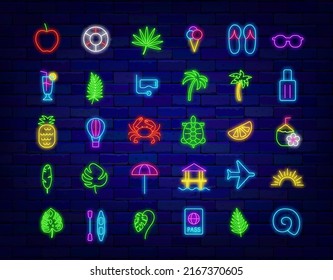 Summer neon icons collection. Diving, palm and lifeline. Holiday symbols set. Cocktail, crab and fruits. Night bright signboard pack. Glowing effect banner. Vector stock illustration