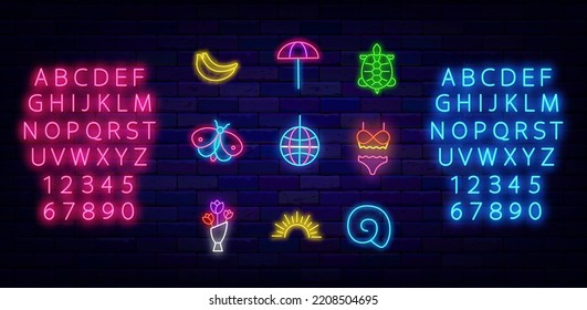 Summer neon icons collection. Flowers, swimsuit and shell. Luminous blue and pink alphabet. Turtle and disco ball. Banana and butterfly. Holiday symbols set. Bright signboard pack. Vector illustration