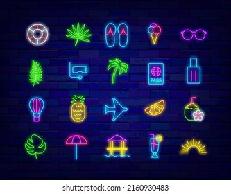 Summer neon icons collection. Plane, passport and palm. Holiday symbols collection. Umbrella, orange and sunset. Night bright signboard set. Glowing effect banner. Vector stock illustration