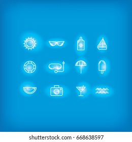 Summer neon icons. Vector illustrations.