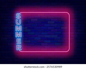 Summer neon poster. Season sale and event. Night club dance. Empty pink frame and text. Vector stock illustration